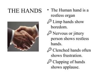 THE HANDS • The Human hand is a
restless organ
 Limp hands show
boredom.
 Nervous or jittery
person shows restless
hands.
 Clenched hands often
shows frustration.
 Clapping of hands
shows applause.
 