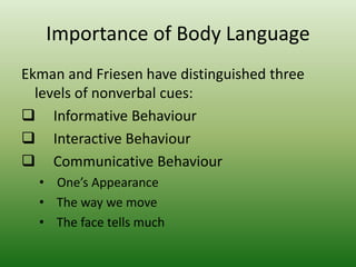 Importance of Body Language
Ekman and Friesen have distinguished three
levels of nonverbal cues:
 Informative Behaviour
...