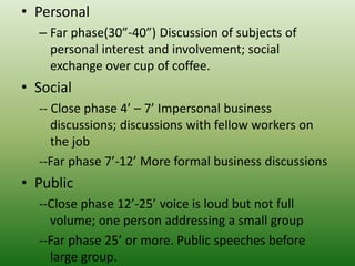 • Personal
– Far phase(30”-40”) Discussion of subjects of
personal interest and involvement; social
exchange over cup of c...