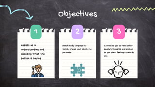 Objectives
It enables you to read other
people's thoughts and explain
to you their feelings towards
you.
Match body language to
words. proves your ability to
persuade
assists us in
understanding and
decoding what the
person is saying
1 2 3
 