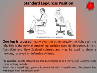 Standard Leg-Cross Position
One leg is crossed neatly over the other, usually the right over the
left. This is the normal crossed-leg position used by European, British,
Australian and New Zealand cultures and may be used to show a
nervous, reserved or defensive attitude.
For example, people often sit like this during lectures or if they are on uncomfortable
chairs for long periods.
When the crossed legs gesture is combined with crossed arms, the person has
withdrawn from the conversationARISE TRAINING & RESEARCH CENTER
 