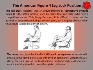 The American Figure 4 Leg Lock Position
This leg cross indicates that an argumentative or competitive attitude
exists. It is the sitting position used by many American males who have a
competitive nature. This being the case, it is difficult to interpret the
attitude of an American during a conversation, but it is quite obvious when
this gesture is used by a British citizen.
The person who has a hard and fast attitude in an argument or debate will
often lock the figure 4 into place with one or both hands, using them as a
clamp. This is a sign of the tough-minded, stubborn individual who may
need a special approach to break through his resistance
ARISE TRAINING & RESEARCH CENTER
 