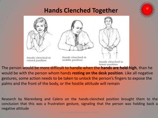 Hands Clenched Together
The person would be more difficult to handle when the hands are held high, than he
would be with the person whom hands resting on the desk position. Like all negative
gestures, some action needs to be taken to unlock the person’s fingers to expose the
palms and the front of the body, or the hostile attitude will remain
Research by Nierenberg and Calero on the hands-clenched position brought them to the
conclusion that this was a frustration gesture, signaling that the person was holding back a
negative attitude
ARISE TRAINING & RESEARCH CENTER
 