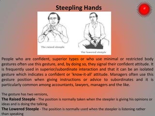 Steepling Hands
People who are confident, superior types or who use minimal or restricted body
gestures often use this gesture, and, by doing so, they signal their confident attitude. It
is frequently used in superior/subordinate interaction and that it can be an isolated
gesture which indicates a confident or 'know-it-all' attitude. Managers often use this
gesture position when giving instructions or advice to subordinates and it is
particularly common among accountants, lawyers, managers and the like.
The gesture has two versions,
The Raised Steeple - The position is normally taken when the steepler is giving his opinions or
ideas and is doing the talking.
The Lowered Steeple - The position is normally used when the steepler is listening rather
than speaking
ARISE TRAINING & RESEARCH CENTER
 