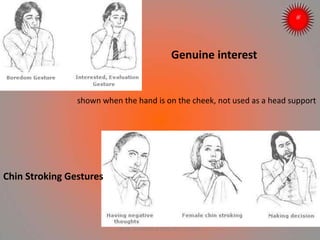 shown when the hand is on the cheek, not used as a head support
Chin Stroking Gestures
Genuine interest
ARISE TRAINING & RESEARCH CENTER
 