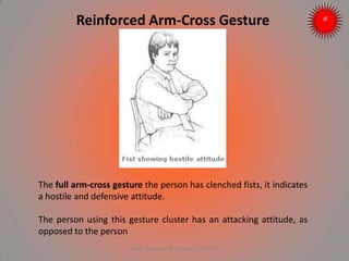 Reinforced Arm-Cross Gesture
The full arm-cross gesture the person has clenched fists, it indicates
a hostile and defensive attitude.
The person using this gesture cluster has an attacking attitude, as
opposed to the person
ARISE TRAINING & RESEARCH CENTER
 