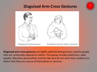 Disguised Arm-Cross Gestures
Disguised arm-cross gestures are highly sophisticated gestures used by people
who are continually exposed to others. This group includes politicians, sales
people, television personalities and the like who do not want their audience to
detect that they are unsure of themselves or nervous.
ARISE TRAINING & RESEARCH CENTER
 