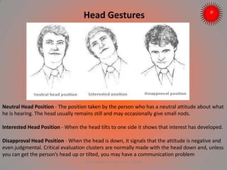 Head Gestures
Neutral Head Position - The position taken by the person who has a neutral attitude about what
he is hearing. The head usually remains still and may occasionally give small nods.
Interested Head Position - When the head tilts to one side it shows that interest has developed.
Disapproval Head Position - When the head is down, it signals that the attitude is negative and
even judgmental. Critical evaluation clusters are normally made with the head down and, unless
you can get the person’s head up or tilted, you may have a communication problem
ARISE TRAINING & RESEARCH CENTER
 