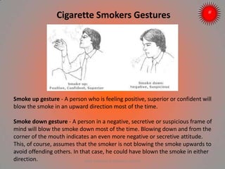 Cigarette Smokers Gestures
Smoke up gesture - A person who is feeling positive, superior or confident will
blow the smoke in an upward direction most of the time.
Smoke down gesture - A person in a negative, secretive or suspicious frame of
mind will blow the smoke down most of the time. Blowing down and from the
corner of the mouth indicates an even more negative or secretive attitude.
This, of course, assumes that the smoker is not blowing the smoke upwards to
avoid offending others. In that case, he could have blown the smoke in either
direction. ARISE TRAINING & RESEARCH CENTER
 