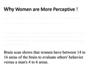 Why Women are More Perceptive  ! Being 'perceptive' means being able to spot the contradictionsbetween someone's words and their body language.For the first few years, themother relies almost solely on the non-verbal channel to communicatewith the child and this is why women are often moreperceptive than men becausethey practise readingsignals early.Brain scan shows that women have between 14 to 16 areas of the brain to evaluate others' behavior versus a man's 4 to 6 areas.