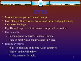 EYES
*   Most expressive part of human beings.
*   Eyes along with eyebrows, eyelids and the size of pupil convey
    inner most feelings.
*   E.g. Dilated pupil tells that person is surprised or excited.
*   Eye contacts
     - Encouraged in America, Canada, Europe
     - Rude in most Asian countries and in Africa
*   Raising eyebrows
     - “Yes” in Thailand and some Asian countries
     - “Hello” in the Philippines
     - Asking question in India.
                                                                  15
 