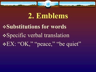 2. Emblems
Substitutions for words
Specific verbal translation
EX: “OK,” “peace,” “be quiet”
 