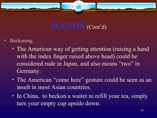 HANDS (Cont’d)
*   Beckoning.
    *   The American way of getting attention (raising a hand
        with the index finger raised above head) could be
        considered rude in Japan, and also means “two” in
        Germany.
    *   The American “come here” gesture could be seen as an
        insult in most Asian countries.
    *   In China, to beckon a waiter to refill your tea, simply
        turn your empty cup upside down.
                                                          45
 