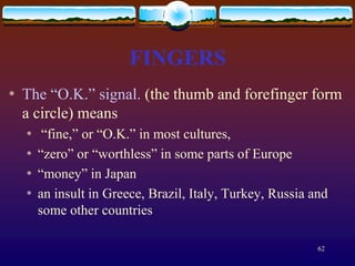 FINGERS
*   The “O.K.” signal. (the thumb and forefinger form
    a circle) means
    *    “fine,” or “O.K.” in most cultures,
    *   “zero” or “worthless” in some parts of Europe
    *   “money” in Japan
    *   an insult in Greece, Brazil, Italy, Turkey, Russia and
        some other countries

                                                            62
 