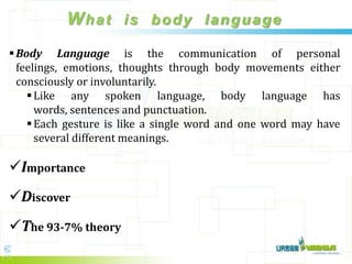 What is body language
 Body Language is the communication of personal
  feelings, emotions, thoughts through body movements either
  consciously or involuntarily.
     Like any spoken language, body language has
      words, sentences and punctuation.
     Each gesture is like a single word and one word may have
      several different meanings.

Importance
Discover
The 93-7% theory
 