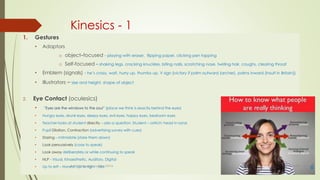 Kinesics - 1
1. Gestures
• Adaptors
o object–focused - playing with eraser, flipping paper, clicking pen tapping
o Self-focused – shaking legs, cracking knuckles, biting nails, scratching nose, twirling hair, coughs, clearing throat
• Emblem (signals) - he’s crazy, wait, hurry up, thumbs up, V sign {victory if palm outward (archer), palms inward (insult in Britain)}
• Illustrators – size and height, shape of object
2. Eye Contact (oculesics)
• ”Eyes are the windows to the soul” (place we think is exactly behind the eyes)
• Hungry eyes, drunk eyes, sleepy eyes, evil eyes, happy eyes, bedroom eyes
• Teacher looks at student directly – asks a question. Student – ostrich: head in sand.
• Pupil Dilation, Contraction (advertising survey with cues)
• Staring – Intimidate (stare them down)
• Look persuasively (coax to speak)
• Look away deliberately or while continuing to speak
• NLP - Visual, Kinaesthetic, Auditory, Digital
• Up to left – Honest, Up to right - Lies 30-07-2021
Body language - Lekha Sishta
6
 