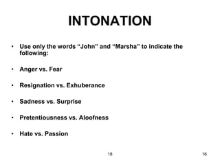 18 16
INTONATION
• Use only the words “John” and “Marsha” to indicate the
following:
• Anger vs. Fear
• Resignation vs. Exhuberance
• Sadness vs. Surprise
• Pretentiousness vs. Aloofness
• Hate vs. Passion
 