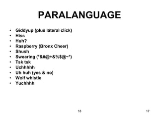 18 17
PARALANGUAGE
• Giddyup (plus lateral click)
• Hiss
• Huh?
• Raspberry (Bronx Cheer)
• Shush
• Swearing (*&#@+&%$@~*)
• Tsk tsk
• Uchhhhh
• Uh huh (yes & no)
• Wolf whistle
• Yuchhhh
 