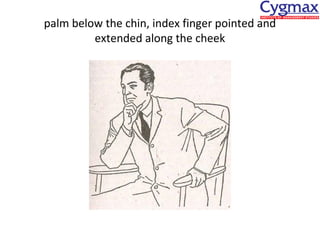 palm below the chin, index finger pointed and
extended along the cheek

 