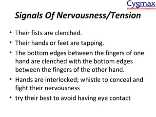 Signals Of Nervousness/Tension
• Their fists are clenched.
• Their hands or feet are tapping.
• The bottom edges between the fingers of one
hand are clenched with the bottom edges
between the fingers of the other hand.
• Hands are interlocked; whistle to conceal and
fight their nervousness
• try their best to avoid having eye contact

 