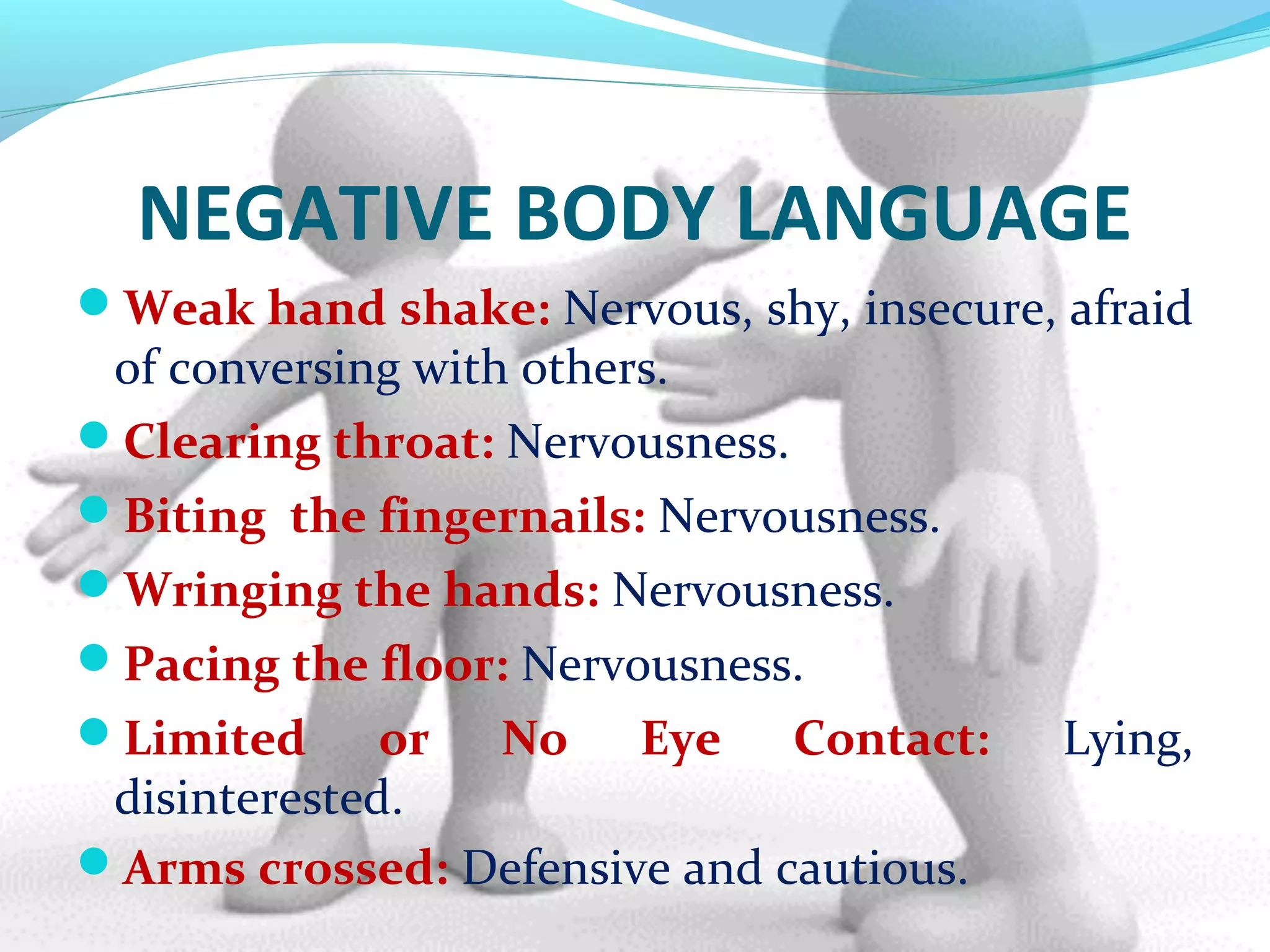 NEGATIVE BODY LANGUAGE
Weak hand shake: Nervous, shy, insecure, afraid
of conversing with others.
Clearing throat: Nervousness.
Biting the fingernails: Nervousness.
Wringing the hands: Nervousness.
Pacing the floor: Nervousness.
Limited or No Eye Contact: Lying,
disinterested.
Arms crossed: Defensive and cautious.
 