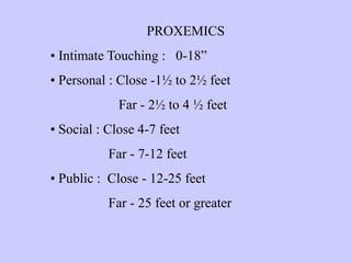 PROXEMICS
• Intimate Touching : 0-18”
• Personal : Close -1½ to 2½ feet
Far - 2½ to 4 ½ feet
• Social : Close 4-7 feet
Far - 7-12 feet
• Public : Close - 12-25 feet
Far - 25 feet or greater
 