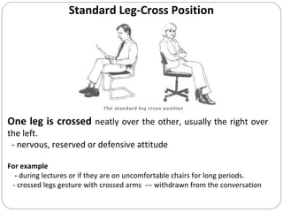 Standard Leg-Cross Position
One leg is crossed neatly over the other, usually the right over
the left.
- nervous, reserved or defensive attitude
For example
- during lectures or if they are on uncomfortable chairs for long periods.
- crossed legs gesture with crossed arms --- withdrawn from the conversation
 