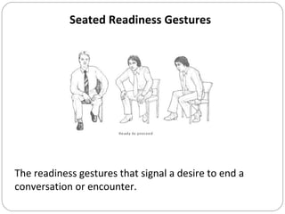 Seated Readiness Gestures
The readiness gestures that signal a desire to end a
conversation or encounter.
 