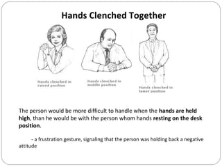 Hands Clenched Together
The person would be more difficult to handle when the hands are held
high, than he would be with the person whom hands resting on the desk
position.
- a frustration gesture, signaling that the person was holding back a negative
attitude
 
