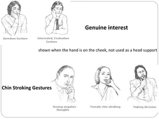 shown when the hand is on the cheek, not used as a head support
Chin Stroking Gestures
Genuine interest
 