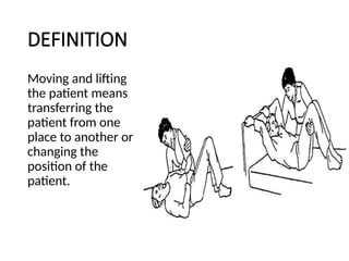 DEFINITION
Moving and lifting
the patient means
transferring the
patient from one
place to another or
changing the
position of the
patient.
 