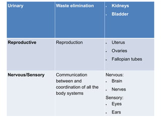 Urinary Waste elimination  Kidneys
 Bladder
Reproductive Reproduction  Uterus
 Ovaries
 Fallopian tubes
Nervous/Sensory Communication
between and
coordination of all the
body systems
Nervous:
 Brain
 Nerves
Sensory:
 Eyes
 Ears
 