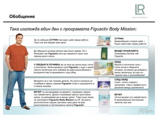 Обобщение
Така изглежда един ден с програмата Figuactiv Body Mission:
За по-набързо СУТРИН пия един шейк преди работа.
Така съм във форма през деня.
СУТРИН
Кремообразен плодов шейк –
бързо приготвен преди работа!
До обедната почивка винаги има много време. Но с
билковия чай Figuactiv мога да премина и през този
период много лесно.
МЕЖДУ ХРАНЕНИЯТА
Освежаващ билков чай
Figuactiv
В ОБЕДНАТА ПОЧИВКА ми се иска да хапна нещо топло
и питателно. Зеленчуковата супа Figuactiv с къри с малко
пресни зеленчуци като добавка ви дава разнообразие и
възпрепятства огладняването след обяд.
ОБЕД
Вкусна и питателна супа –
топло ястие в обедната
почивка, катоможе да добавите
малко зеленчуци за още по-
чудесен вкус и разнообразие!
Вечерята не е чак толкова далече. Но когато понякога се
позабавя в офиса, вземам Figuactiv Linee и къркоренето в
стомаха изчезва.
СЛЕД ОБЯД
Linee – когато коремът
закъркори, това е перфектното
решение между храненията!
ВЕЧЕР се наслаждавам на времето, прекарано заедно
със семейството. Докато похапваме прясно приготвена
храна, си разказваме как е минал денят. Това също пасва
на програмата Figuactiv Body Mission на LR. За моята
допълнителна порция протеини през деня на мое
разположение е протеиновата напитка Figuactiv.
ВЕЧЕР
Уютна вечеря със семейството.
И кремообразна протеинова
напитка към нея.
 