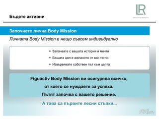 Бъдете активни
Започнете лична Body Mission
Личната Body Mission е нещо съвсем индивидуално
 Започвате с вашата история и мечти
 Вашата цел е желаното от вас тегло
 Извървявате собствен път към целта
Figuactiv Body Mission ви осигурява всичко,
от което се нуждаете за успеха.
Пътят започва с вашето решение.
А това са първите лесни стъпки...
 