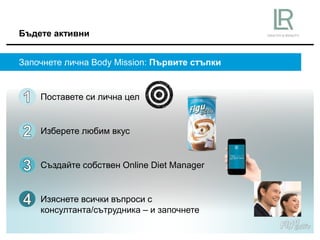 Бъдете активни
Започнете лична Body Mission: Първите стъпки
Поставете си лична цел
Изберете любим вкус
Създайте собствен Online Diеt Manager
Изяснете всички въпроси с
консултанта/сътрудника – и започнете
 