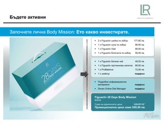 Бъдете активни
Започнете лична Body Mission: Ето какво инвестирате.
 2 x Figuactiv шейка по избор 177,80 лв.
 1 x Figuactiv супа по избор 88,90 лв.
 1 x Figuactiv Vital 88,90 лв.
 1 x Figuactiv блокчета по избор 59,90 лв.
 1 x Figuactiv билков чай 48,50 лв.
 1 x Figuactiv протеинова напитка 89,90 лв.
 1 x ProBalance 72,90 лв.
 1 x шейкър подарък
 Подробни информационни
материали подарък
 Личен Online Diеt Manager подарък
Figuactiv 28 Days Body Mission
80434
Сума на единичните цени 626,80 лв.
Промоционална цена само 559,90 лв.
 