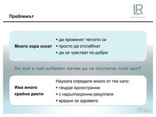 Проблемът
Но кой е най-добрият начин да се постигне тази цел?
 да променят теглото си
 просто да отслабнат
 да се чувстват по-добре
Науката определя много от тях като:
 твърде едностранни
 с недългосрочни резултати
 вредни за здравето
Има много
крайни диети
Много хора искат
 