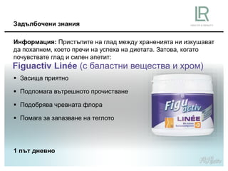  Засища приятно
 Подпомага вътрешното прочистване
 Подобрява чревната флора
 Помага за запазване на теглото
Figuactiv Linée (с баластни вещества и хром)
Информация: Пристъпите на глад между храненията ни изкушават
да похапнем, което пречи на успеха на диетата. Затова, когато
почувствате глад и силен апетит:
Задълбочени знания
1 път дневно
 