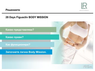 Решението
28 Days Figuactiv BODY MISSION
Какво представлява?
Какво прави?
Как функционира?
Започнете лична Body Mission.
 
