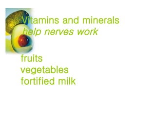 fruits vegetables fortified milk Vitamins and minerals help nerves work   