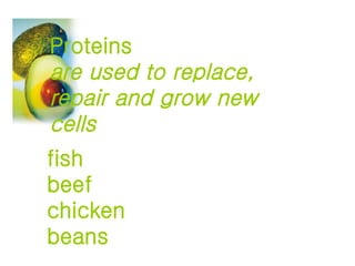fish beef chicken beans Proteins are used to replace, repair and grow new cells   