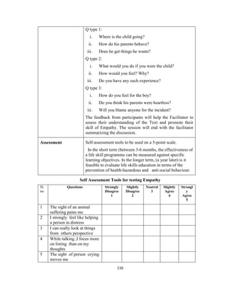 116
Q type 1:
i. Where is the child going?
ii. How do his parents behave?
iii. Does he get things he wants?
Q type 2:
i. What would you do if you were the child?
ii. How would you feel? Why?
iii. Do you have any such experience?
Q type 3:
i. How do you feel for the boy?
ii. Do you think his parents were heartless?
iii. Will you blame anyone for the incident?
The feedback from participants will help the Facilitator to
assess their understanding of the Text and promote their
skill of Empathy. The session will end with the facilitator
summarizing the discussion.
Assessment Self-assessment tools to be used on a 5-point scale.
In the short term (between 3-6 months, the effectiveness of
a life skill programme can be measured against specific
learning objectives. In the longer term, (a year later) is it
feasible to evaluate life skills education in terms of the
prevention of health-hazardous and anti-social behaviour.
Self Assessment Tools for testing Empathy
Sl.
no
Questions Strongly
Disagree
1
Slightly
Disagree
2
Neutral
3
Slightly
Agree
4
Strongl
y
Agree
5
1 The sight of an animal
suffering pains me
2 I strongly feel like helping
a person in distress
3 I can really look at things
from others perspective
4 While talking ,I focus more
on listing than on my
thoughts
5 The sight of person crying
moves me
 
