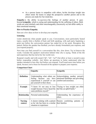 119
 As a person learns to empathise with others, he/she develops insight into
others mind. He learns to adopt the perspective another person and in the
process can study his/ her mind also.
Empathy is the ability to experience the feelings of another person. It goes
beyond sympathy, which is caring and understanding for the suffering of others. Both
words are used similarly and often interchangeably (incorrectly so) but differ subtly in
their emotional meaning.
How to Practice Empathy
Here are a few ideas on how to develop your empathy.
Listening
Listen attentively when people speak to you. Conversations, more particularly heated
topics, usually form a rhythm of back and forth speaking, with each party beginning a
point just before the conversation partner has ended his or her point. Recognize this
pattern. Before the speaker has finished, you have already formulated your response, and
you respond properly.
Next time you find yourself in a conversation like this, slow down. Try to listen to the
words. Consider the speaker's motivation behind what s/he is saying. Think of the life
and experience that has led to his/ her world-view.
Respond visually and with sound ("ah", "oh", "ya?") but allow at least a second to pass
before responding verbally. Ask follow up questions to better understand what the
speaker intended or how they feel before you respond. You'll need more time before you
speak, because you've been too focused on the speaker to prepare your response.
Comparison Chart
Empathy Sympathy
Definition Understanding what others are
feeling because you have
experienced it yourself or can
put yourself in their shoes.
Acknowledging another person's
emotional hardships and providing
comfort and assurance.
Example "I know it's not easy to lose
weight because I have faced the
same problems myself."
"Trying to lose weight can often
feel like an uphill battle."
Relationship Personal understanding Understanding the experience of
others
Nursing
context
A doctor relating with a patient
as he/ she has been in a similar
situation or experience
Doctors comforting patients or
their families
 
