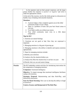 123
As the reporters read out their group's responses, ask the larger
group whether the response is 'positive' or 'negative' and write it
under the appropriate column.
At the end of the exercise, involve the whole group in a discussion on
healthy ways of dealing with stressful situations.
Situations
 A person lodges a false complaint against you to the tribal
community leader of your village.
 There is a problem at home and your best friend comes to
visit you.
 Your father scolds you without any reason.
 Your tribal community team wins in a folk dance
competition.
Tips for R.P:
1. Emotions are natural feelings.
2. Emotions are not good or bad. How they are expressed is
important.
3. Managing emotions is a big part of growing up.
4. Managing emotions is the ability to identify and express emotions
appropriately.
5. Steps for managing emotions include:
a) Identify your emotions
b) Analyze why the situation bothers you
c) Analyze the effect the situation has or can have on your life
d) Decide what you can and cannot change
Practice The R.P undertakes certain activities for introducing intervention for
the components of managing emotions:
Component: Emotional intelligence
Objective: To impart message that emotional intelligence facilitates
coping with emotions.
Strategies Proposed: Brainstorming and then Role-Play, each
followed by discussion.
Issue for Brain Storming: How can we develop the ability to laugh
at ourselves?
Context, Essence and Background of The Role Play:
 