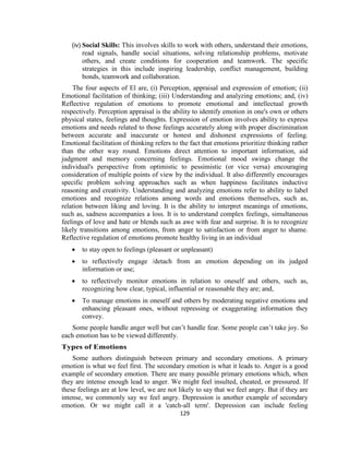 129
(iv) Social Skills: This involves skills to work with others, understand their emotions,
read signals, handle social situations, solving relationship problems, motivate
others, and create conditions for cooperation and teamwork. The specific
strategies in this include inspiring leadership, conflict management, building
bonds, teamwork and collaboration.
The four aspects of El are, (i) Perception, appraisal and expression of emotion; (ii)
Emotional facilitation of thinking; (iii) Understanding and analyzing emotions; and, (iv)
Reflective regulation of emotions to promote emotional and intellectual growth
respectively. Perception appraisal is the ability to identify emotion in one's own or others
physical states, feelings and thoughts. Expression of emotion involves ability to express
emotions and needs related to those feelings accurately along with proper discrimination
between accurate and inaccurate or honest and dishonest expressions of feeling.
Emotional facilitation of thinking refers to the fact that emotions prioritize thinking rather
than the other way round. Emotions direct attention to important information, aid
judgment and memory concerning feelings. Emotional mood swings change the
individual's perspective from optimistic to pessimistic (or vice versa) encouraging
consideration of multiple points of view by the individual. It also differently encourages
specific problem solving approaches such as when happiness facilitates inductive
reasoning and creativity. Understanding and analyzing emotions refer to ability to label
emotions and recognize relations among words and emotions themselves, such as,
relation between liking and loving. It is the ability to interpret meanings of emotions,
such as, sadness accompanies a loss. It is to understand complex feelings, simultaneous
feelings of love and hate or blends such as awe with fear and surprise. It is to recognize
likely transitions among emotions, from anger to satisfaction or from anger to shame.
Reflective regulation of emotions promote healthy living in an individual
 to stay open to feelings (pleasant or unpleasant)
 to reflectively engage /detach from an emotion depending on its judged
information or use;
 to reflectively monitor emotions in relation to oneself and others, such as,
recognizing how clear, typical, influential or reasonable they are; and,
 To manage emotions in oneself and others by moderating negative emotions and
enhancing pleasant ones, without repressing or exaggerating information they
convey.
Some people handle anger well but can’t handle fear. Some people can’t take joy. So
each emotion has to be viewed differently.
Types of Emotions
Some authors distinguish between primary and secondary emotions. A primary
emotion is what we feel first. The secondary emotion is what it leads to. Anger is a good
example of secondary emotion. There are many possible primary emotions which, when
they are intense enough lead to anger. We might feel insulted, cheated, or pressured. If
these feelings are at low level, we are not likely to say that we feel angry. But if they are
intense, we commonly say we feel angry. Depression is another example of secondary
emotion. Or we might call it a 'catch-all term'. Depression can include feeling
 