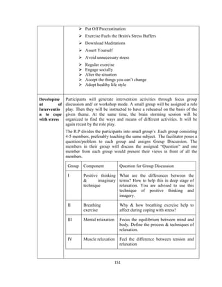 151
 Put Off Procrastination
 Exercise Fuels the Brain's Stress Buffers
 Download Meditations
 Assert Yourself
 Avoid unnecessary stress
 Regular exercise
 Engage socially
 Alter the situation
 Accept the things you can’t change
 Adopt healthy life style
Developme
nt of
Interventio
n to cope
with stress
Participants will generate intervention activities through focus group
discussion and/ or workshop mode. A small group will be assigned a role
play. Then they will be instructed to have a rehearsal on the basis of the
given theme. At the same time, the brain storming session will be
organized to find the ways and means of different activities. It will be
again recast by the role play.
The R.P divides the participants into small group’s .Each group consisting
4-5 members, preferably teaching the same subject. The facilitator poses a
question/problem to each group and assigns Group Discussion. The
members in their group will discuss the assigned “Question” and one
member from each group would present their views in front of all the
members.
Group Component Question for Group Discussion
I Positive thinking
& imaginary
technique
What are the differences between the
terms? How to help this in deep stage of
relaxation. You are advised to use this
technique of positive thinking and
imagery.
II Breathing
exercise
Why & how breathing exercise help to
affect during coping with stress?
III Mental relaxation Focus the equilibrium between mind and
body. Define the process & techniques of
relaxation.
IV Muscle relaxation Feel the difference between tension and
relaxation
 