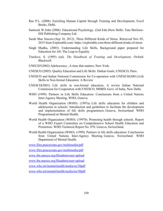 159
Rao P.L. (2008). Enriching Human Capital through Training and Development, Excel
Books, Delhi.
Santrock W.John (2006). Educational Psychology. (2nd Edn.)New Delhi: Tata McGraw-
Hill Publishing Company Ltd.
Sarah Mae Sincero (Sep 10, 2012). Three Different Kinds of Stress. Retrieved Nov 05,
2015 from Explorable.com: https://explorable.com/three-different-kinds-of-stress
Singh Madhu, (2003). Understanding Life Skills, Background paper prepared for
Education for All: The Leap to Equality
Truelove, S. (1995) (ed). The Handbook of Training and Development, Oxford:
Blackwell
UNECEF(2002) Adolescence ; A time that matters, New York.
UNESCO (2005). Quality Education and Life Skills: Darkar Goals, UNESCO, Paris.
UNESCO and Indian National Commission for Co-operation with UNESCO(2001).Life
Skills in Non-formal Education: A Review
UNESCO(2001) Life skills in non-formal education, A review Indian National
Commision for Cooperation with UNESCO, MHRD, Govt. of India, New Delhi.
WHO (1999). Partners in Life Skills Education: Conclusions from a United Nations
Inter-Agency Meeting, WHO, Geneva.
World Health Organization (WHO). (1997a). Life skills education for children and
adolescents in schools: Introduction and guidelines to facilitate the development
and implementation of life skills programmers. Geneva, Switzerland: WHO
Programmed on Mental Health.
World Health Organization (WHO). (1997b). Promoting health through schools. Report
of a WHO Expert Committee on Comprehensive School Health Education and
Promotion. WHO Technical Report No. 870. Geneva, Switzerland.
World Health Organization (WHO). (1999). Partners in life skills education: Conclusions
from United Nations Inter-Agency Meeting. Geneva, Switzerland: WHO
Department of Mental Health.
www.files.peacecorps.gov/multimedia/pdf
www.files.peacecorps.gov/multimedia/pdf
www.ibe.unesco.org/fileadmin/user-upload
www.ibe.unesco.org/fileadmin/user-upload
www.who.int/mental.health/media/en/30pdf
www.who.int/mental.health/media/en/30pdf
 