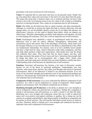 16
personality is the most crucial area for self-awareness.
Values: It's important that we each know and focus on our personal values. People who
are clear about their values and convictions in life tend to be clear about their life goals.
This makes life easier than a situation where, one is confused and does not know what
one has to do in life. If we become aware of our own values in life, it helps us in handling
ourselves in selecting life goals. Thus, values are an important area for self awareness.
Habits: Our habits are the behaviours that we repeat routinely and often automatically.
Although we would like to possess the habits that help us interact effectively with and
manage others, we can all probably identify at least one of our habits that decrease our
effectiveness. Likewise, we also need to identify those habits, which can enhance our
effectiveness. Therefore understanding our habits, both enhancers and impeders, can help
us in developing self-awareness. Thus, this is also an important area of self-awareness.
Needs: Psychologists have identified a variety of psychological needs that drive our
behaviours such as need for esteem, affection, belongingness, achievement, self
actualization, power and control. One of the advantages of knowing, which needs exert
the strongest influence on our own behaviours is the ability to understand how they affect
our interpersonal relationships. For instance, most of us have probably known people
who have a high need for status. They're attracted to high status occupations, and they
seek high status positions within their organizations. Such people also want the things
that symbolize their status. They insist that they be shown respect, and they want
privileges and perks that people of lower status can't have. Sometimes these people fight
for things that others see as inconsequential—like a bigger office. Needs cause
motivation; and when needs aren't satisfied, they can cause frustration, conflict and stress.
Understanding needs of self becomes an important area of self awareness.
Emotions: Emotional self-awareness has become a hot topic of discussion recently
because it's one of the facets of emotional intelligence. Understanding your own
emotions, what causes them, and how they affect your thoughts and actions is emotional
self-awareness. Most of our behaviour is related to our emotional reactions. If we are
aware of our emotional strengths and weaknesses most of our interpersonal problems get
sorted out. The present day world holds this attribute at a high premium in life. This is a
very important area of self awareness.
Components of Self Awareness: Let us now understand the different components of self
awareness. As a skill, it can be understood as a group of components, which together
operate as self-awareness skill. The different components are as follows.
Identifying Strengths and Weaknesses: is the ability to identify one’s own strengths as
well as weaknesses without any personal bias or prejudices. Perhaps this component is
central to self-awareness and self-awareness, as a skill is central to all other life skills.
Identifying one’s own strengths and weaknesses means that one is able to objectively
assess one’s own positive and negative attributes or qualities. By so doing one can be
cautious in accepting responsibilities, plan things properly in handling an assignment and
be realistic in all his activities. This will lead the individual towards success in whatever
one does. Therefore, ability to identify one’s own strengths and weaknesses becomes an
important virtue and a component of self-awareness.
 