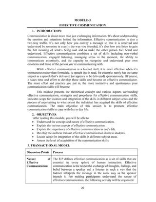 20
MODULE-3
EFFECTIVE COMMUNICATION
1. INTRODUCTION:
Communication is about more than just exchanging information. It's about understanding
the emotion and intentions behind the information. Effective communication is also a
two-way traffic. It’s not only how you convey a message so that it is received and
understood by someone in exactly the way you intended, it’s also how you listen to gain
the full meaning of what’s being said and to make the other person feel heard and
understood. Effective communication combines a set of skills including non-verbal
communication, engaged listening, managing stress in the moment, the ability to
communicate assertively, and the capacity to recognize and understand your own
emotions and those of the person you’re communicating with.
While effective communication is a learned skill, it is more effective when it’s
spontaneous rather than formulaic. A speech that is read, for example, rarely has the same
impact as a speech that’s delivered (or appears to be delivered) spontaneously. Of course,
it takes time and effort to develop these skills and become an effective communicator.
The more effort and practice you put in, the more instinctive and spontaneous your
communication skills will become.
This module presents the theoretical concept and various aspects surrounding
effective communication, strategies and procedures for effective communication skills,
indicates scope for location and integration of the skills in different subject areas and the
process of ascertaining to what extent the individual has acquired the skills of effective
communication. The main objective of this session is to promote effective
communication skills to cope with day to day life.
2. OBJECTIVES:
After reading this module, you will be able to
 Understand the concept and nature of effective communication.
 Explain the various aspects of effective communication.
 Explain the importance of effective communication in one’s life.
 Develop the skills to transact effective communication skills to students.
 Locate scope for integration of the skills in different subject areas.
 Assess the level of acquisition of the communication skills.
3. TRANSACTIONAL MODEL
Discussion Points Process
Nature of
Effective
Communication
The R.P defines effective communication as a set of skills that are
essential in every sphere of human interaction. Effective
communication is the respectful exchange of thoughts, feelings, and
belief between a speaker and a listener in such a way that the
listener interprets the message in the same way as the speaker
intends it. For making participants understand the nature of
effective communication, the following activity will be organized.
 