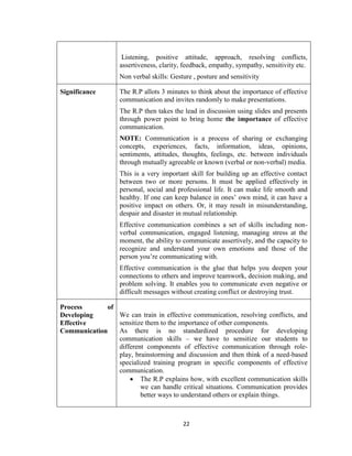 22
Listening, positive attitude, approach, resolving conflicts,
assertiveness, clarity, feedback, empathy, sympathy, sensitivity etc.
Non verbal skills: Gesture , posture and sensitivity
Significance The R.P allots 3 minutes to think about the importance of effective
communication and invites randomly to make presentations.
The R.P then takes the lead in discussion using slides and presents
through power point to bring home the importance of effective
communication.
NOTE: Communication is a process of sharing or exchanging
concepts, experiences, facts, information, ideas, opinions,
sentiments, attitudes, thoughts, feelings, etc. between individuals
through mutually agreeable or known (verbal or non-verbal) media.
This is a very important skill for building up an effective contact
between two or more persons. It must be applied effectively in
personal, social and professional life. It can make life smooth and
healthy. If one can keep balance in ones’ own mind, it can have a
positive impact on others. Or, it may result in misunderstanding,
despair and disaster in mutual relationship.
Effective communication combines a set of skills including non-
verbal communication, engaged listening, managing stress at the
moment, the ability to communicate assertively, and the capacity to
recognize and understand your own emotions and those of the
person you’re communicating with.
Effective communication is the glue that helps you deepen your
connections to others and improve teamwork, decision making, and
problem solving. It enables you to communicate even negative or
difficult messages without creating conflict or destroying trust.
Process of
Developing
Effective
Communication
We can train in effective communication, resolving conflicts, and
sensitize them to the importance of other components.
As there is no standardized procedure for developing
communication skills – we have to sensitize our students to
different components of effective communication through role-
play, brainstorming and discussion and then think of a need-based
specialized training program in specific components of effective
communication.
 The R.P explains how, with excellent communication skills
we can handle critical situations. Communication provides
better ways to understand others or explain things.
 